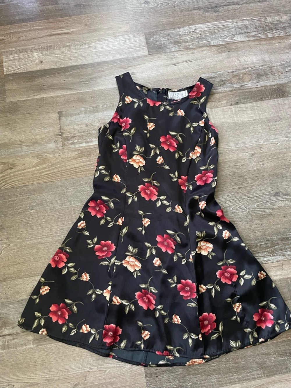 Vintage 90s Black Floral Mini Dress with Red & Cream Blooms